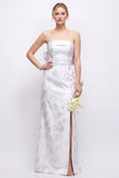 Green Strapless Sheath Satin Floral Long Bridesmaid Dress with Slit