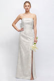 Green Strapless Sheath Satin Floral Long Bridesmaid Dress with Slit