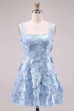 A-Line Square Neck Floral Pink Short Homecoming Dress with Appliques