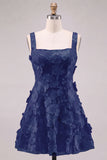 A-Line Square Neck Floral Pink Short Homecoming Dress with Appliques