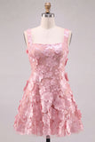 A-Line Square Neck Floral Pink Short Homecoming Dress with Appliques