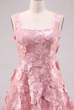 A-Line Square Neck Floral Pink Short Homecoming Dress with Appliques