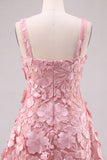 A-Line Square Neck Floral Pink Short Homecoming Dress with Appliques