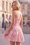 A-Line Square Neck Floral Pink Short Homecoming Dress with Appliques