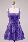 A-Line Square Neck Floral Pink Short Homecoming Dress with Appliques