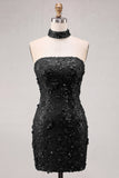 Blue Strapless Sequins Bodycon Short Homecoming Dress with Lace Up Back