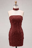 Blue Strapless Sequins Bodycon Short Homecoming Dress with Lace Up Back