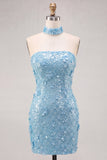 Blue Strapless Sequins Bodycon Short Homecoming Dress with Lace Up Back