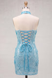 Blue Strapless Sequins Bodycon Short Homecoming Dress with Lace Up Back