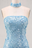Blue Strapless Sequins Bodycon Short Homecoming Dress with Lace Up Back