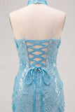 Blue Strapless Sequins Bodycon Short Homecoming Dress with Lace Up Back
