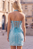 Blue Strapless Sequins Bodycon Short Homecoming Dress with Lace Up Back