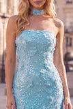 Blue Strapless Sequins Bodycon Short Homecoming Dress with Lace Up Back