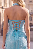 Blue Strapless Sequins Bodycon Short Homecoming Dress with Lace Up Back