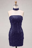 Blue Strapless Sequins Bodycon Short Homecoming Dress with Lace Up Back