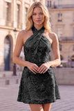 Blue Halter Neck A-Line Floral Short Homecoming Dress with Sequins
