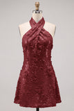 Blue Halter Neck A-Line Floral Short Homecoming Dress with Sequins