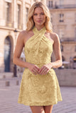 Blue Halter Neck A-Line Floral Short Homecoming Dress with Sequins