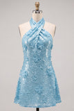 Blue Halter Neck A-Line Floral Short Homecoming Dress with Sequins