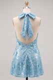 Blue Halter Neck A-Line Floral Short Homecoming Dress with Sequins