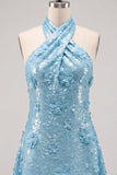 Blue Halter Neck A-Line Floral Short Homecoming Dress with Sequins