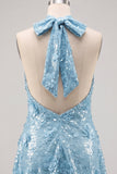 Blue Halter Neck A-Line Floral Short Homecoming Dress with Sequins