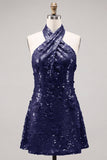 Blue Halter Neck A-Line Floral Short Homecoming Dress with Sequins