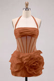Halter Neck Bodycon Floral Sheer Corset Pink Homecoming Dress with Ruffles