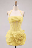Halter Neck Bodycon Floral Sheer Corset Pink Homecoming Dress with Ruffles