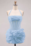 Halter Neck Bodycon Floral Sheer Corset Pink Homecoming Dress with Ruffles