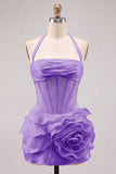 Halter Neck Bodycon Floral Sheer Corset Pink Homecoming Dress with Ruffles