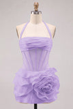 Halter Neck Bodycon Floral Sheer Corset Pink Homecoming Dress with Ruffles