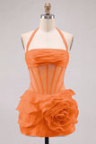 Halter Neck Bodycon Floral Sheer Corset Pink Homecoming Dress with Ruffles
