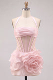 Halter Neck Bodycon Floral Sheer Corset Pink Homecoming Dress with Ruffles