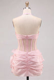 Halter Neck Bodycon Floral Sheer Corset Pink Homecoming Dress with Ruffles
