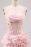 Halter Neck Bodycon Floral Sheer Corset Pink Homecoming Dress with Ruffles