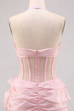 Halter Neck Bodycon Floral Sheer Corset Pink Homecoming Dress with Ruffles