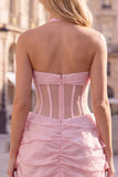 Halter Neck Bodycon Floral Sheer Corset Pink Homecoming Dress with Ruffles
