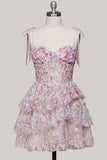Lilac A-Line Tiered Ruffled Corset Sequins Short Homecoming Dress