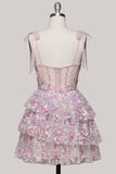 Lilac A-Line Tiered Ruffled Corset Sequins Short Homecoming Dress