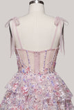 Lilac A-Line Tiered Ruffled Corset Sequins Short Homecoming Dress