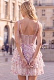 Lilac A-Line Tiered Ruffled Corset Sequins Short Homecoming Dress