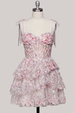 Lilac A-Line Tiered Ruffled Corset Sequins Short Homecoming Dress