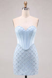 Sweetheart Blue Corset Bodycon Beaded Short Homecoming Dress