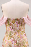 Pink Flower Off the Shoulder Bodycon Short Homecoming Dress