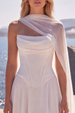 Strapless White Basque Waist Corset A-Line Long Wedding Dress