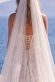 Lace A-Line Strapless White Corset Long Wedding Dress with Veils