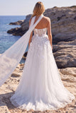 White Tulle A-Line Floral Corset Sweetheart Long Wedding Dress with Appliques