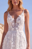 White Tulle A-Line Appliqued Floral Corset Long Wedding Dress