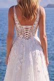 White Tulle A-Line Appliqued Floral Corset Long Wedding Dress